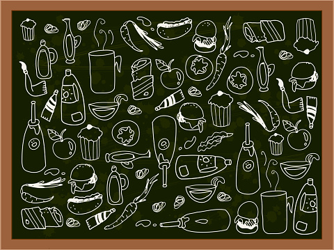 Hand Drawn Food and Drink Doodle Pattern - Chalk Drawing on Blackboard - Food & Drink Concept
