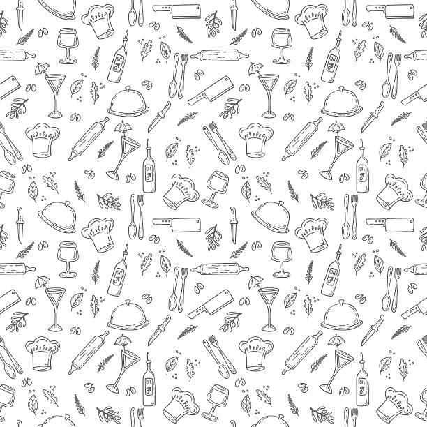 Hand drawn food seamless pattern. Sketch kitchen doodle Hand drawn food seamless pattern. Sketch kitchen doodle design elements. Vector illustration kitchen backgrounds stock illustrations