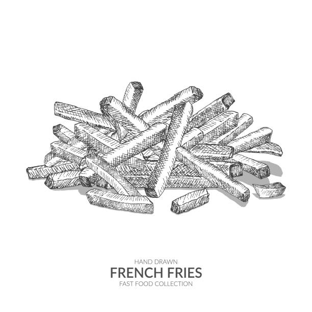 stockillustraties, clipart, cartoons en iconen met hand getrokken franse frietjes. vintage zwart-wit fastfood collectie. - patat