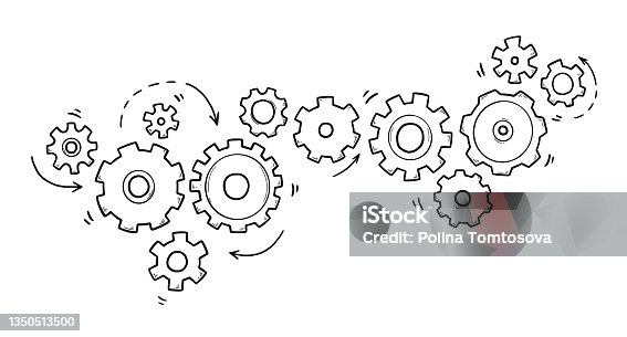 istock Hand drawn gear set. Doodle sketch style 1350513500