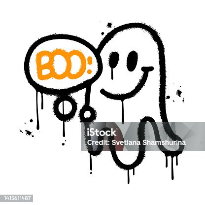 istock Hand drawn ghost with word - boo - in bubble. textuted urnab graffiti elements for halloween print design, poster, banner, cover, invitation, sticker, t-shirt. Sprayed vector illustration. 1415611487