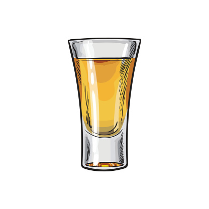 Hand drawn glass full of gold tequila, isolated vector illustration