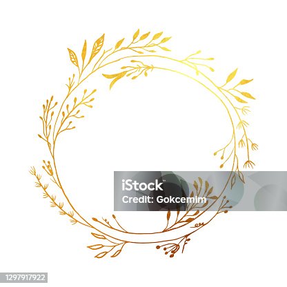 istock Hand Drawn Gold Colored Flower Wreath. Floral Vector Design Element for Birthday, New Year, Christmas Card, Wedding Invitation. 1297917922