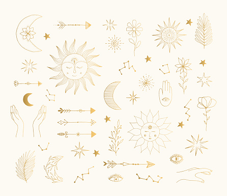 Hand drawn golden mystic symbols. Sun, moon, star tattoo design. Vector gold foil isolated illustration.