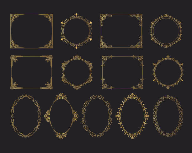 Hand drawn golden set of vintage wedding oval, round and squared frames. Vector isolated gold royal victorian borders. Hand drawn golden set of vintage wedding oval, round and squared frames. Vector isolated gold royal victorian borders. embellishment stock illustrations