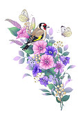 Hand drawn goldfinch sitting on wildflowers bouquet and butterflies isolated on white. Vector elegant floral composition with bird and pink and purple flowers in vintage style, t-shirt, tattoo design.