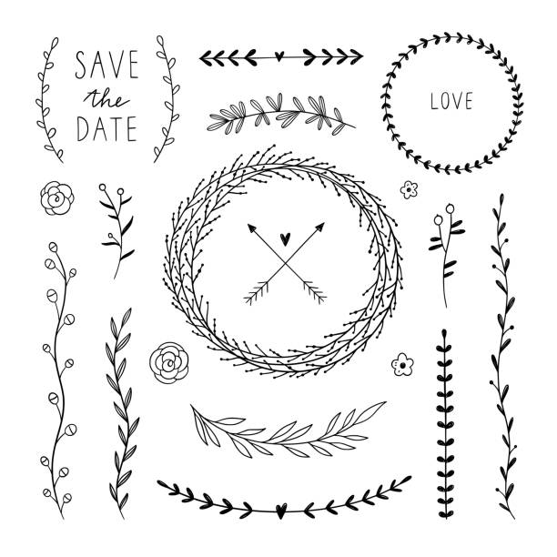 Hand drawn graphic set. Vector plants, florals, wreaths, outline rustic elements for wedding design decoration Hand drawn graphic set. Vector plants, florals, wreaths, outline rustic elements for wedding design decoration wedding drawings stock illustrations