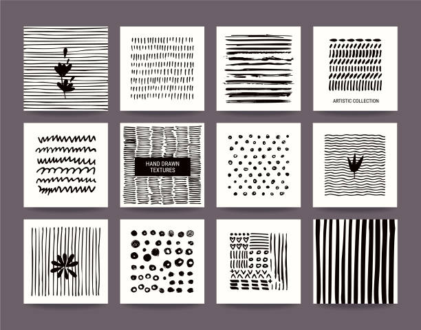 Hand Drawn Grunge Textures Collection. Vector Set Creative black and white collection of hand drawn tribal textures, paint dabs and abstract stains. Suitable for artistic poster, flyer, invitation, banner, business and greeting card templates. Vector set. pencil drawing stock illustrations