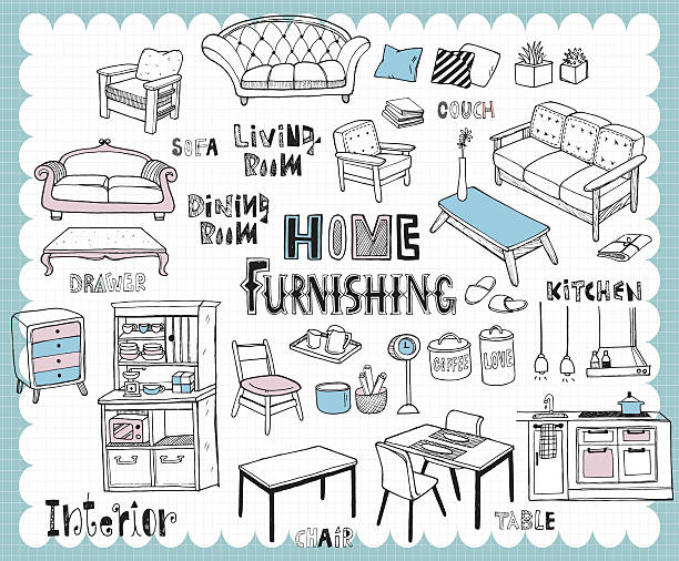 Hand drawn home furnishing set-Dining room and Living room Illustration with furniture for dining and living room related words in hand drawn style and on the grid background. All text and illustration is hand-drawn. kitchen clipart stock illustrations