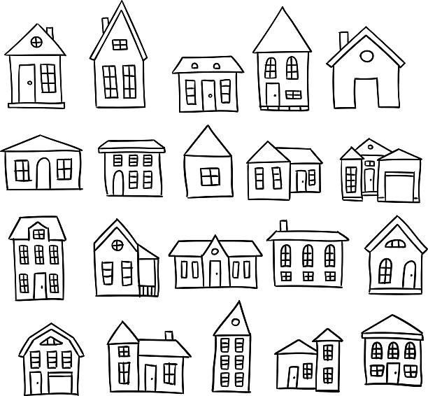 Hand drawn house vector set Hand drawn house cartoon architecture vector set window drawings stock illustrations