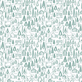 Hand drawn houses in green forest map big seamless pattern illustration