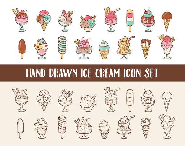 Hand drawn ice cream icon set Ice cream doodle icon set. Cones and ice creams with different flavours made in cartoon style. Vector illustration. ice cream sundae stock illustrations