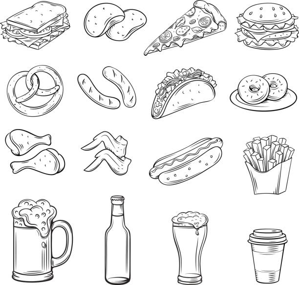 Hand drawn icons for Street Cafe Hand drawn icons for Street Cafe. Beer snack and fast food outline drawing set vector illustration. potato clipart stock illustrations