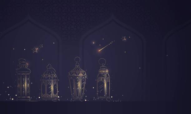 Hand Drawn Illusration of Ramadan Lanterns with Golden Lights on Dark Blue Background. Hand Drawn Illusration of Ramadan Lanterns with Golden Lights on Dark Blue Background. Vector Illustration fanous stock illustrations