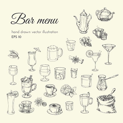 hand drawn illustration alcoholic cocktails. sketch for menu bars and restaurants