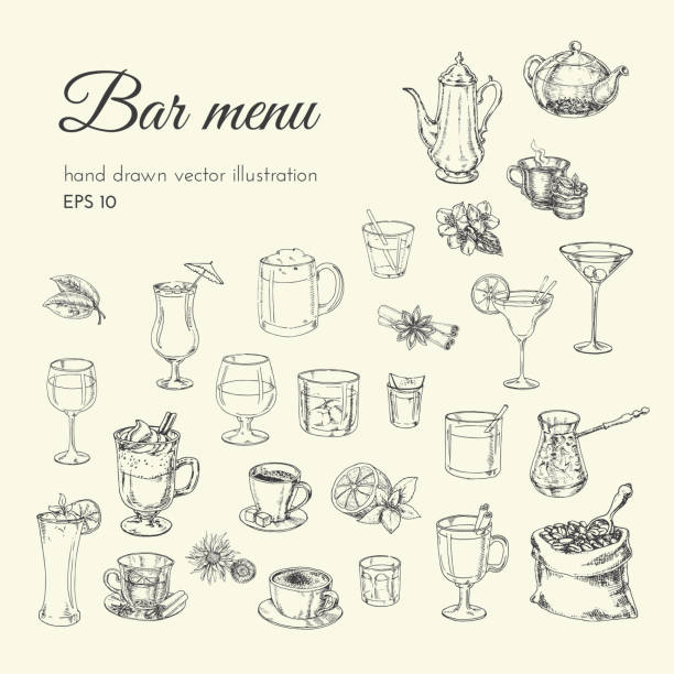 illustrazioni stock, clip art, cartoni animati e icone di tendenza di illustrazione disegnata a mano cocktail alcolici. schizzo per menu bar e ristoranti - aperitivo