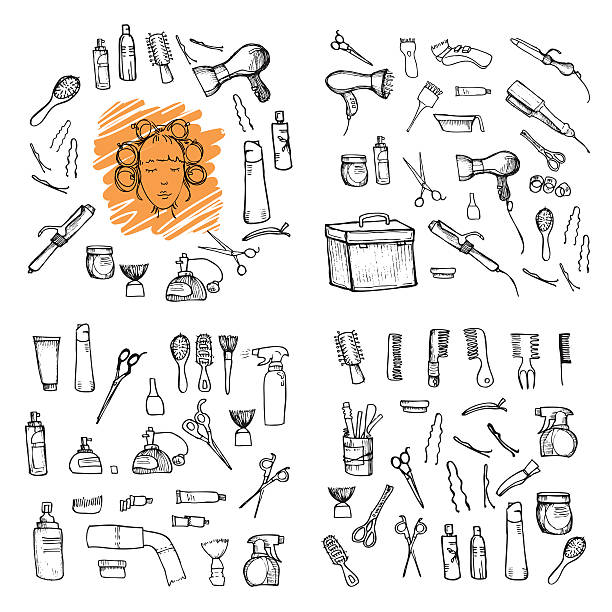 Hand drawn illustration - Hairdressing tools Hand drawn illustration - Hairdressing tools (scissors, combs, styling). Vector beauty drawings stock illustrations