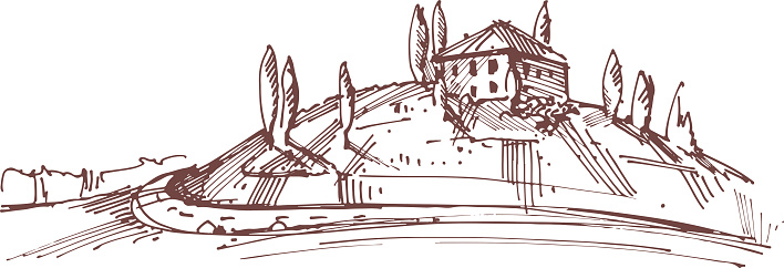 Hand drawn illustration of an Italian house on hill