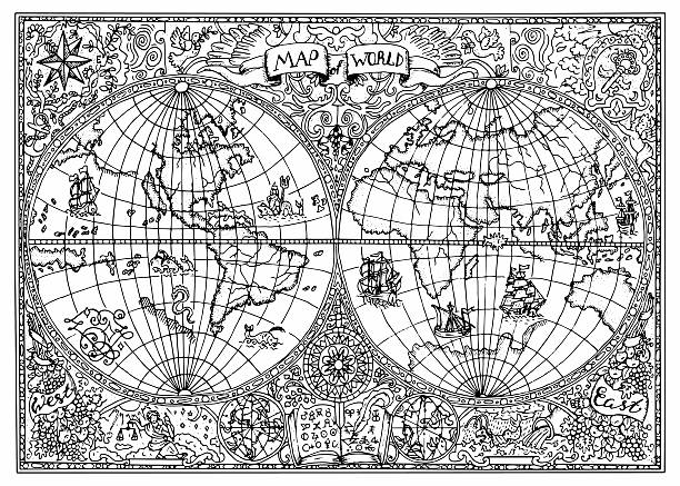 Hand drawn illustration of ancient atlas map of world Graphic illustration of ancient atlas map of world with mystic symbols. Vintage or pirate adventures, treasure hunt and old transportation concept. Black and white doodle drawing for coloring book adventure borders stock illustrations