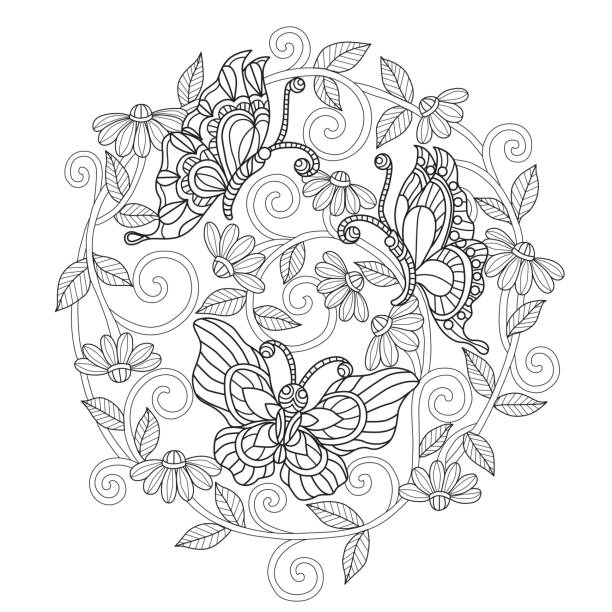 Hand drawn illustration of butterfly in  style Hand drawn sketch illustration for adult coloring book vector was made in eps 10. butterfly coloring stock illustrations