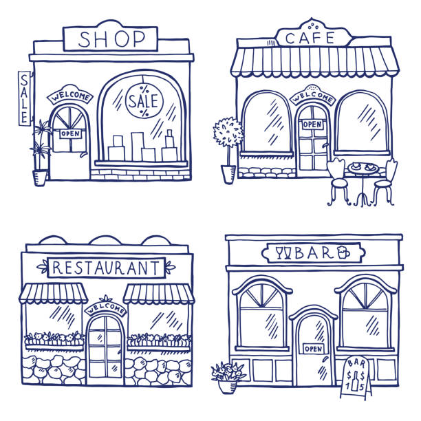 Hand drawn illustration of different buildings and market places. Restaurant, cafe, bar and shop Hand drawn illustration of different buildings and market places. Restaurant, cafe, bar and shop. Facade store building architecture store drawings stock illustrations