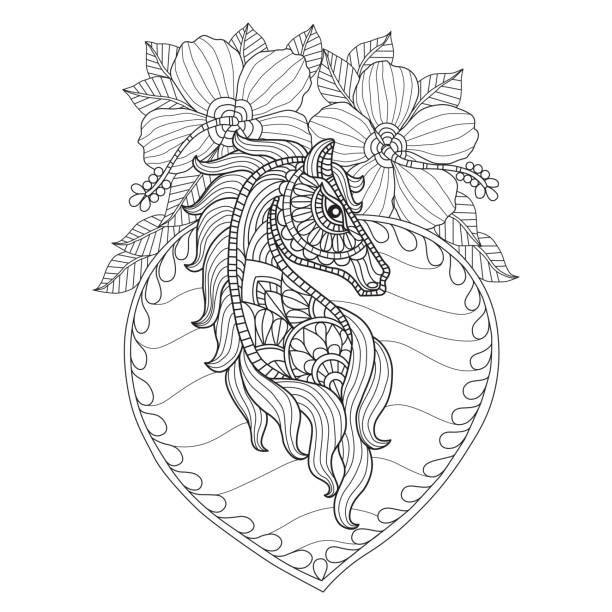 Hand drawn illustration of horse and flowers in zentangle style for adult coloring book. Hand drawn sketch illustration for adult coloring book vector was made in eps 10. black and white hibiscus cartoon stock illustrations