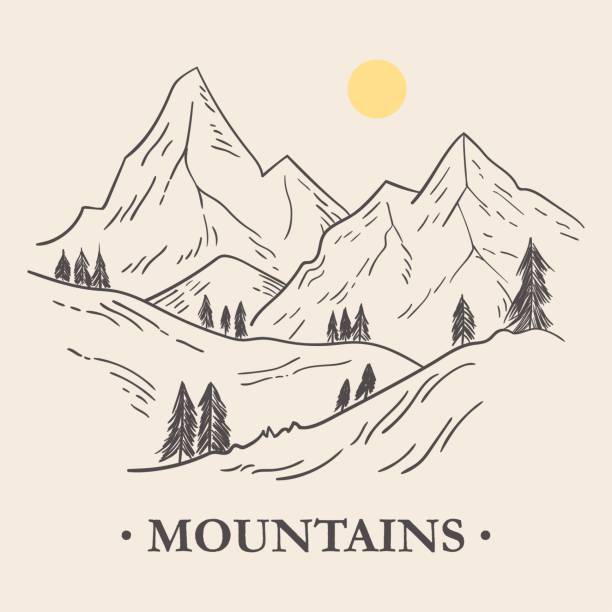 illustrazioni stock, clip art, cartoni animati e icone di tendenza di illustrazione disegnata a mano del paesaggio montano e dei pini. schizzo in stile vintage. - canyon