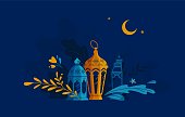 Hand Drawn Illustration of Ramadan Lanterns with Floral Elements on Dark Blue Background. Vector Illustration