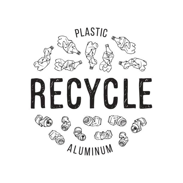 Hand drawn illustration of recyclable materials. Plastic and aluminum trash Hand drawn illustration of recyclable materials. Plastic and aluminum trash crushed stock illustrations