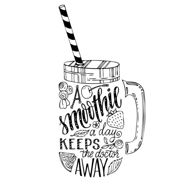 Hand drawn illustration of smoothie in mason jar silhouette. Typography poster with creative slogan - proverb: A smoothie a day keeps the doctor away. Hand drawn illustration of smoothie in mason jar silhouette on a white background. Typography poster with creative slogan - proverb: A smoothie a day keeps the doctor away. smoothie drawings stock illustrations
