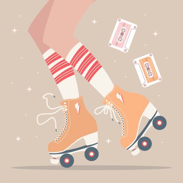 Hand drawn illustration with female legs and tube socks and retro roller skates. Colorful vector illustration vector art illustration