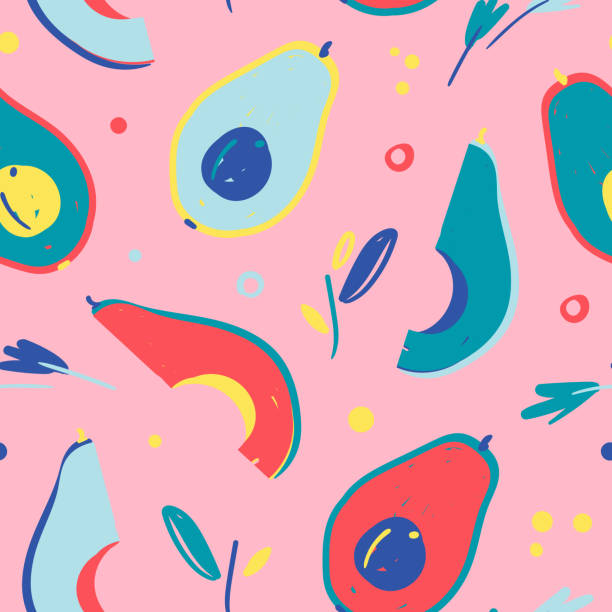 stockillustraties, clipart, cartoons en iconen met hand getekende illustraties van fruit in felle kleuren en moderne handrawn schets stijl. neon vector naadloze patroon. - avocado