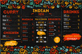 Hand drawn Indian food menu design with rough sketches and lettering. Can be used for banners, promo.