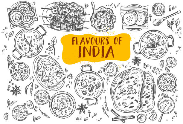 Hand drawn Indian food, Vector Illustration EPS10, No Layers curry meal stock illustrations
