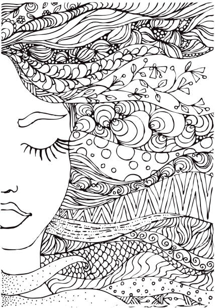 hand drawn ink doodle womans face and flowing hair on white background. Coloring page - zendala, design forr adults, poster, print, t-shirt, invitation, banners, flyers hand drawn ink doodle womans face and flowing hair on white background. Coloring page - zendala, design forr adults, poster, print, t-shirt, invitation, banners, flyers. adult coloring stock illustrations