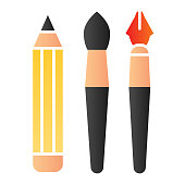 istock Hand drawn instruments flat icon. Pencil, pen, brush symbol, gradient style pictogram on white background. School or stationery items sign for mobile concept and web design. Vector graphics. 1214541173