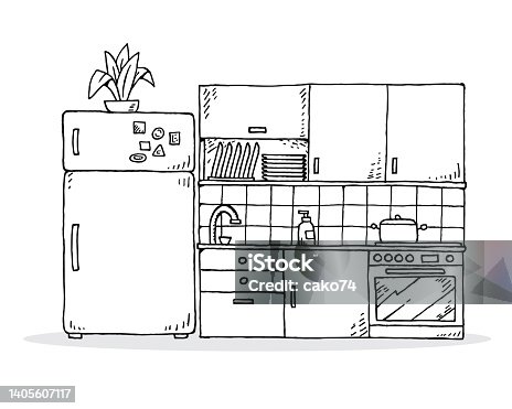istock Hand drawn interior sketch of kitchen 1405607117