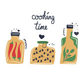 Hand drawn jar of hot red chili pepper, a jar of coffee beans and a bottle of olive oil and text cooking time. Flat illustration. Kitchen concept.