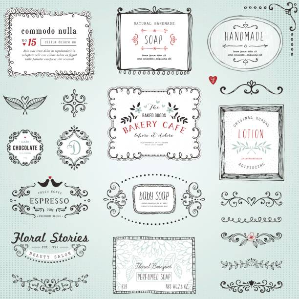 Hand Drawn Labels Hand drawn labels, frames, flowers and floral dividers. Good for package design, promo signs and symbol design.Vector illustration. food borders stock illustrations