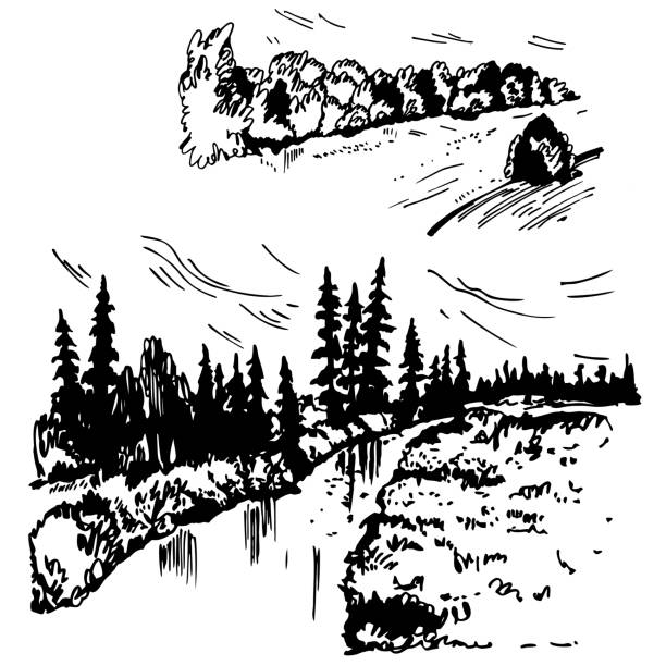 Hand drawn  landscapes with a river. Hand drawn  landscapes with a river. Vector sketch  illustration. river silhouettes stock illustrations