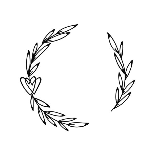 Hand drawn laurel wreath with hearts vector illustration isolated on white background. Hand drawn laurel wreath with hearts vector illustration isolated on white background. Circle floral frame in sketch style. Delicate wedding monogram design. Botanical clipart. flower clipart stock illustrations
