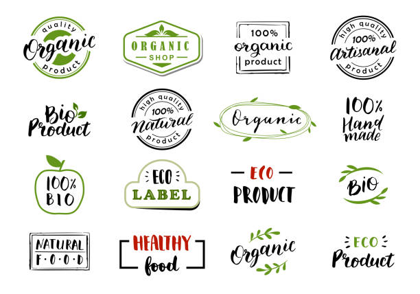 Hand drawn lettering and calligraphy for natural product logos, labels and icons. Collection of organic and bio elements. Hand drawn lettering and calligraphy for natural product logos, labels and icons. Collection of organic and bio elements. artisanal food and drink stock illustrations