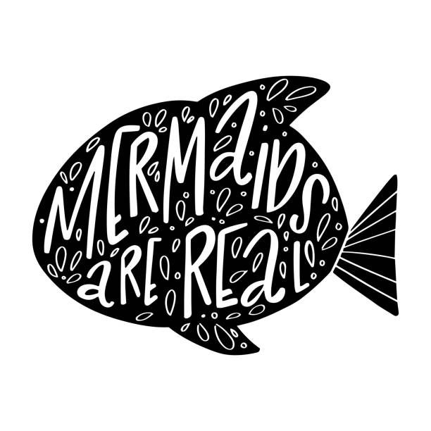 Hand drawn lettering composition Mermaids are real Hand drawn vector doodle fish with lettering Mermaids are real. Inspiration motivation quote printable of fish drawing stock illustrations
