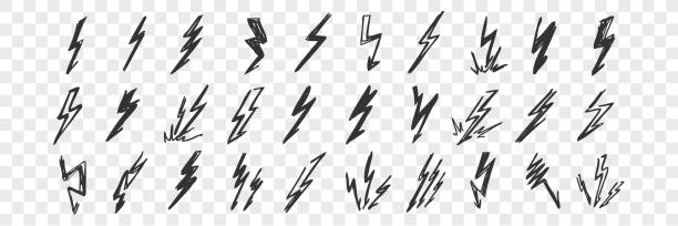 Hand drawn lightning doodle set Hand drawn lightning doodle set. Collection of pen ink pencil drawing sketches of electrical strokes thunderbolt isolated on transparent background. Illustration of weather event or phenomenon. lightning drawings stock illustrations