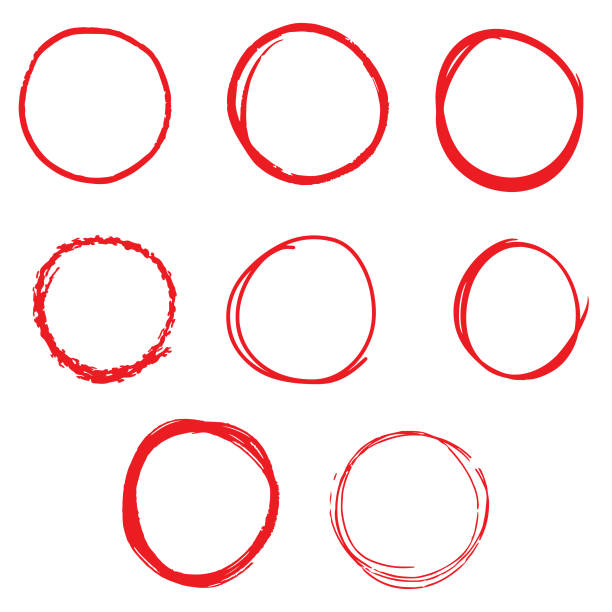 흰색 배경 벡터 디자인에 손으로 그린 선 스케치 빨간색 원 설정 - 원형 stock illustrations