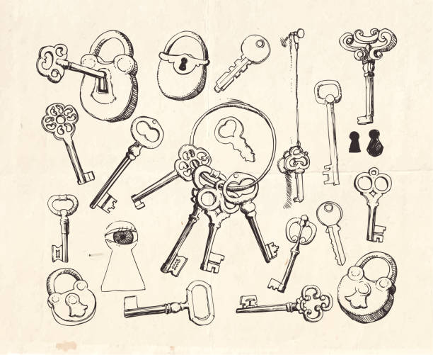 손으로 그린 자물쇠와 키 - 판화 제작물 stock illustrations