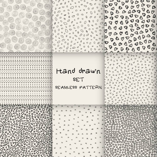 hand drawn marker and ink seamless patterns Hand drawn marker and ink seamless patterns. Hand drawn circles, triangles, squares, snowflakes, hearts. Scribble for children simple fish drawings stock illustrations