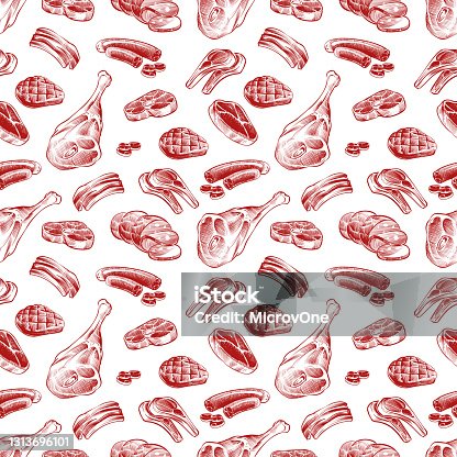 istock Hand drawn meat, steak, beef and pork, lamb grill sausage seamless pattern 1313696101
