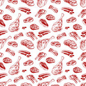 istock Hand drawn meat, steak, beef and pork, lamb grill sausage seamless pattern 1313696101