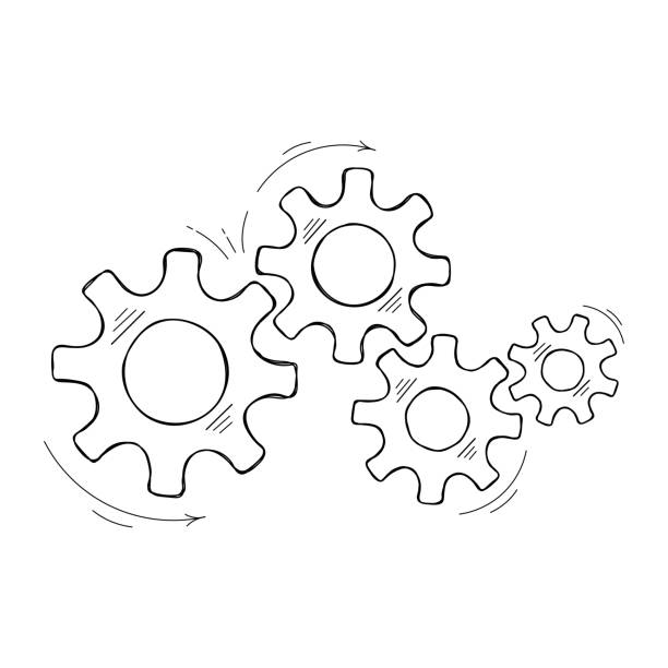 Hand drawn mechanical cog and gear sketch graphic Mechanical cogs technology vector sketch. Cooperation concept design element with hand drawn cog and gear signify people commucnication. Cogwheel illustration for web element or modern background mechanic drawings stock illustrations